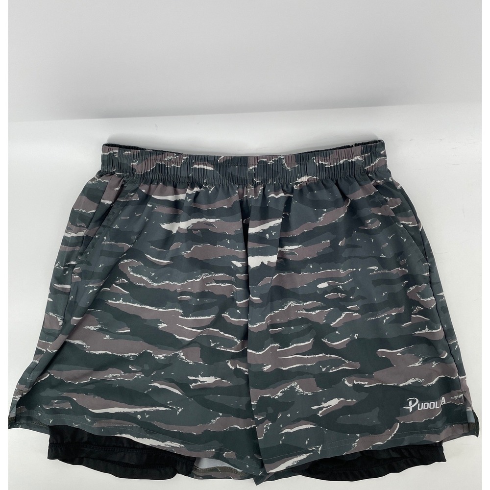 Pudolla 2-in-1 Running Shorts Mens Large Green Tiger Stripe Camo 5 Inch Inseam